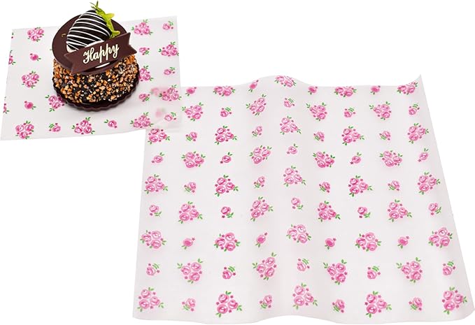 Wax Paper Sheets Food Colored Candy Baking Greaseproof Wrapping Paper For Christmas Rose Pattern (100Sheets)