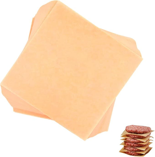 100Pcs 6" x 6" Unbleached Parchment Paper, Burger Patty Paper, Non-Stick Squares Wax Paper Sheets for Seperating Patty, Cookies, Baking, Wrapping Candies Brown