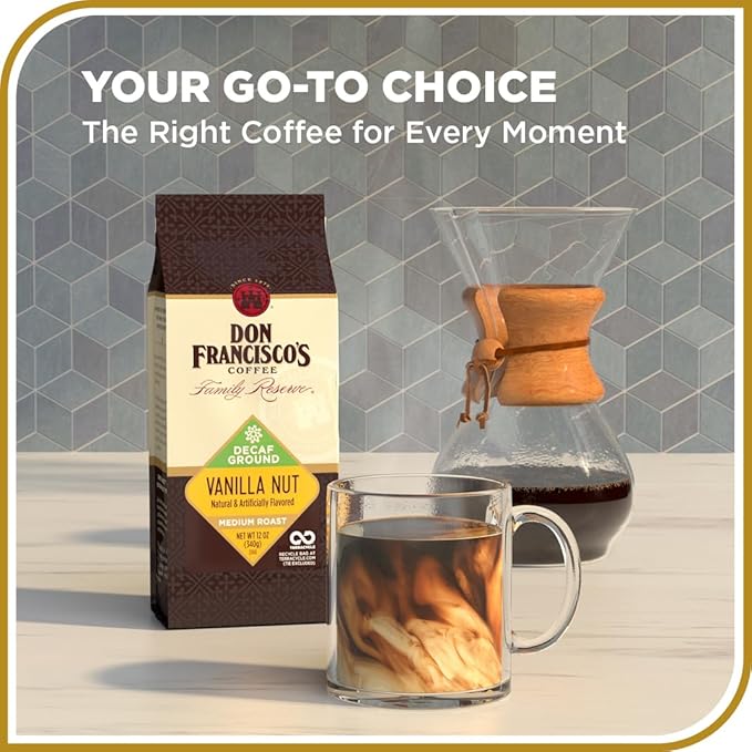 Don Francisco's Decaf Vanilla Nut Ground Coffee, Medium Roast ??Flavored 100% Arabica,12 oz Bag, Premium Coffee for Drip, Pour Over & French Press