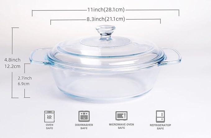 Clear Round Glass Casserole with Lid, Baking Dish with Glass Cover, Glass Casserole for Oven, Freezer and Dishwasher Safe (1.7-Quart Round)