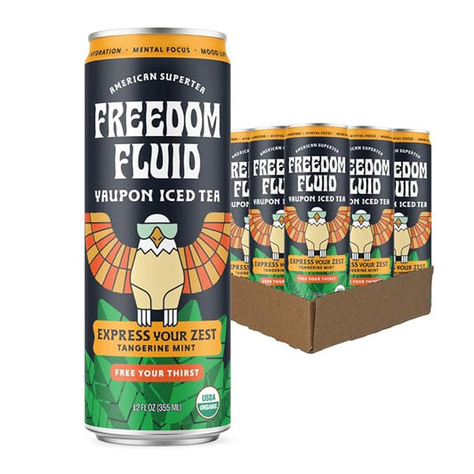 Freedom Fluid Organic Yaupon Iced Tea – Tangerine Mint | Herbal Tea Drink | Lightly Sweetened, Low Sugar, Low Calories, Real Brewed Tea, Clean Ingredients, Antioxidant Rich, Natural Caffeine, 12 Pack (12 oz cans)