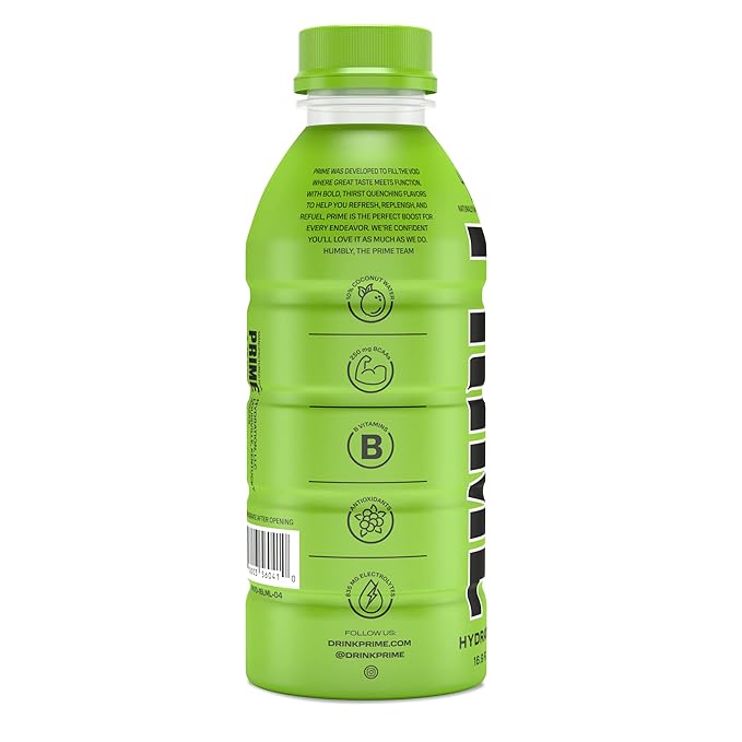 PRIME Hydration LEMON LIME, Sports Drinks, Electrolyte Enhanced for Replenishing Fluids, 250mg BCAAs, B Vitamins, Antioxidants, Low Sugar, 16.9 Fl Oz, 12 Pack