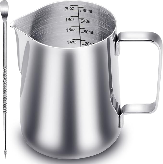 CAMKYDE Milk Frothing Pitcher 20 oz, Stainless Steel Espresso Steaming Pitcher with Decorating Pen for Coffee, Espresso Machines, Cappuccino, Latte Art A Silver