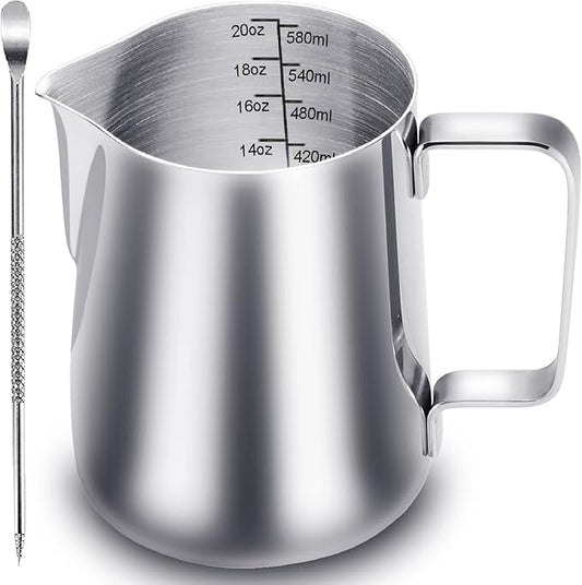CAMKYDE Milk Frothing Pitcher 20 oz, Stainless Steel Espresso Steaming Pitcher with Decorating Pen for Coffee, Espresso Machines, Cappuccino, Latte Art A Silver