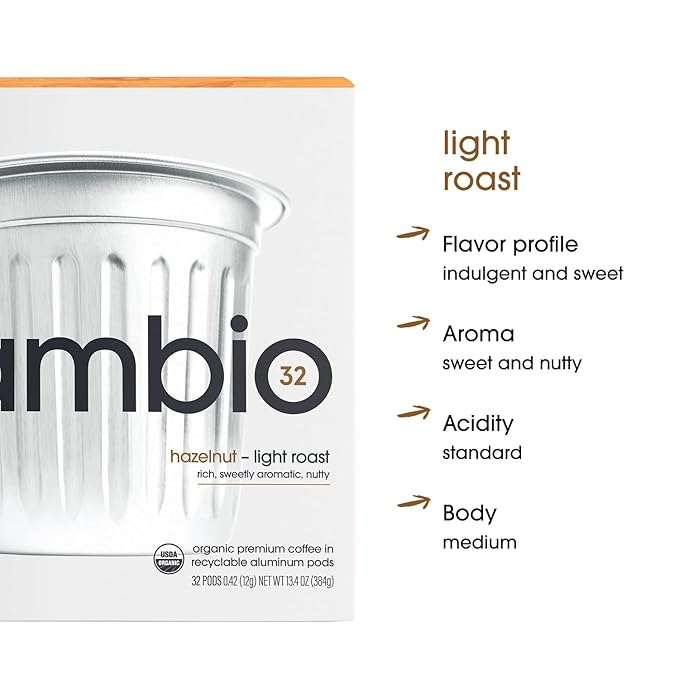 Cambio Roasters Organic Hazelnut Coffee Keurig KCups, Only Aluminum K Cup for Better & Longer Lasting Flavor, Nutty and Slightly Sweet Light Roast Kcup Keurig Coffee Pods, Lower Acid Kcups, 60 count