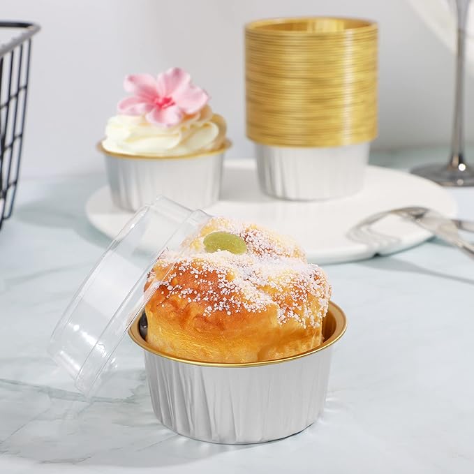 EUSOAR Cupcake Liners with Lids, 30pcs 5oz Disposable Aluminum Foil Ramekins cupcake Baking Cups Containers Wrappers Dessert Cups with Lids, Mini Aluminum Cheesecake Pan Creme Brulee Ramekins