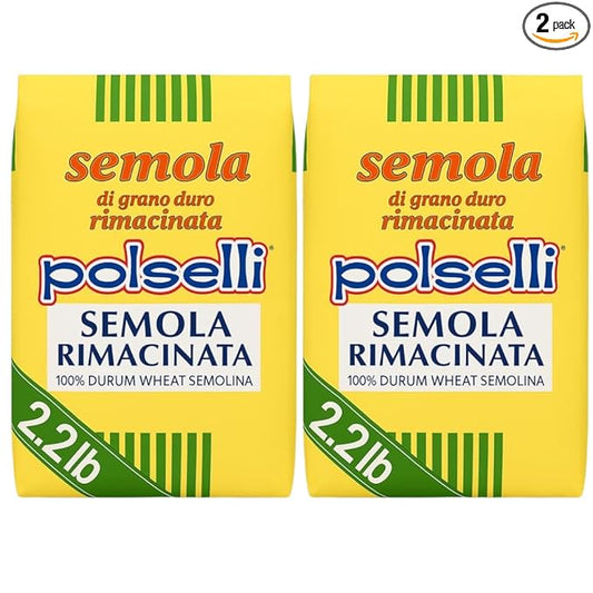 POLSELLI 2 Pack x 1 kg, Semola Flour, Semolina Rimachinata di grano duro, Great for Bread, Pizza, or Pasta making