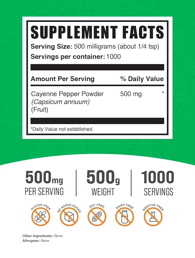 BulkSupplements.com Cayenne Pepper 40000 HU Powder - Capsaicin Supplements, Cayenne Pepper Powder - Vegan & Gluten Free, 500mg per Serving, 500g (1.1 lbs) (Pack of 1)