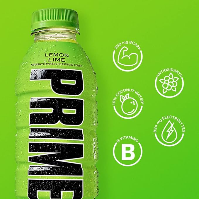 PRIME Hydration LEMON LIME, Sports Drinks, Electrolyte Enhanced for Replenishing Fluids, 250mg BCAAs, B Vitamins, Antioxidants, Low Sugar, 16.9 Fl Oz, 12 Pack