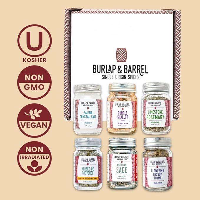 Burlap & Barrel Herbs & Salt 6-Pack Gift Set- As Seen on Shark Tank! Make Your Own Spice Blend, Combine Salt & Herbs for a Savory Mix- Includes Sage, Shallot Slices & More!- 6 Full Size Jars