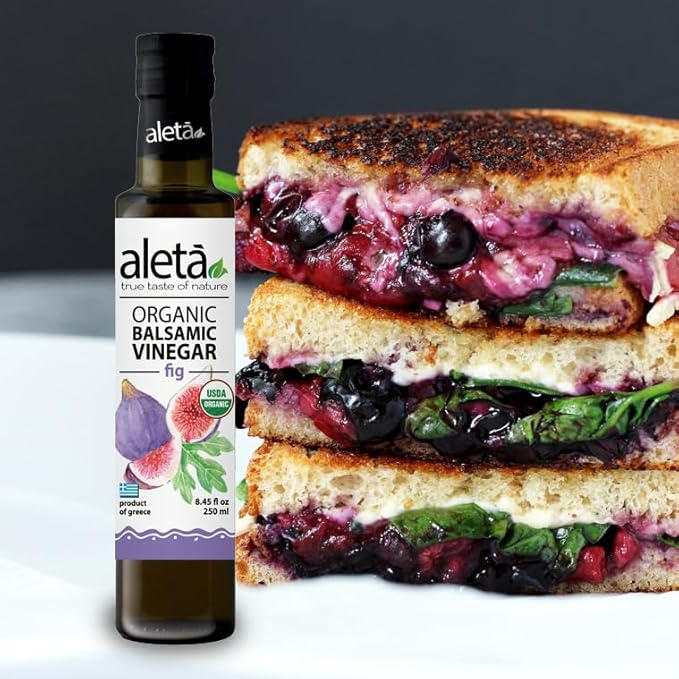 Aleta Farms Fig Balsamic Vinegar, Greek Organic Flavored Vinegar, USDA Organic, Perfect for Salad Dressings, Pasta, Desserts & Cocktails, Naturally Gluten Free, 8.45 fl oz (Fig)