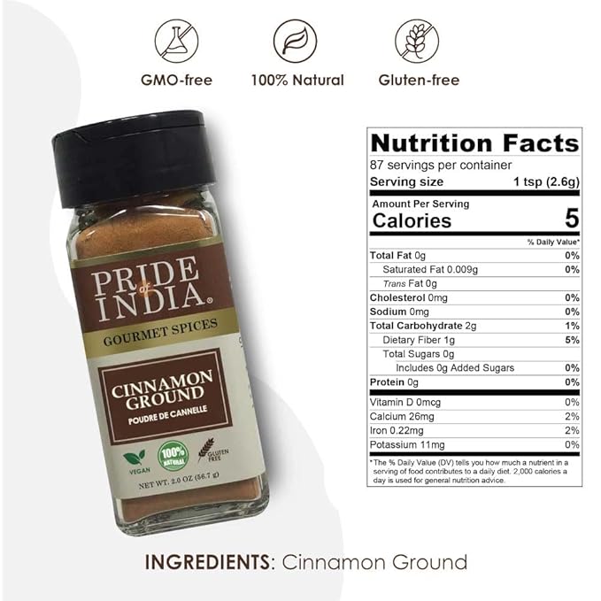 Pride of India – Natural Cinnamon Ground – Pure & Fresh – Gourmet Spice – Perfect for sweet & savory dishes – GMO/Gluten Free - Easy to Use – 2 oz. Small Dual Sifter Bottle