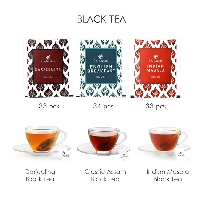Octavius Assorted Black Tea Sampler Pack ??25 Tea Bags, 3 Flavors: Darjeeling, Assam, Indian Masala | Premium Black Tea Variety Pack