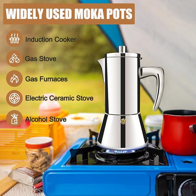 12 Cup Thickened 304 Stainless Steel Moka Pot Stovetop Espresso Maker Cafeteras Italian Percolator Espress Makers Capable Greca Mocha Coffee Machine for Induction Home and Camping 600ml 20oz