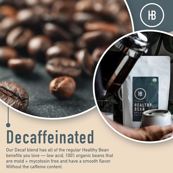 Healthy Bean Decaf Organic Ground Coffee - Low Acid Coffee Grounds for Sensitive Stomach - Medium Roast Blend, USDA Organic, High Antioxidants, Smooth and Rich Flavor, Low Acid Decaf, 11oz