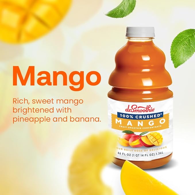 Dr. Smoothie 100% Crushed Mango ??No Added Sugar, Made with Real Fruits/Fruit Juice ??Vegan, No Artificial Colors or Flavors ??Sweet Mango with a Hint of Pineapple & Banana ??46 oz Bottle