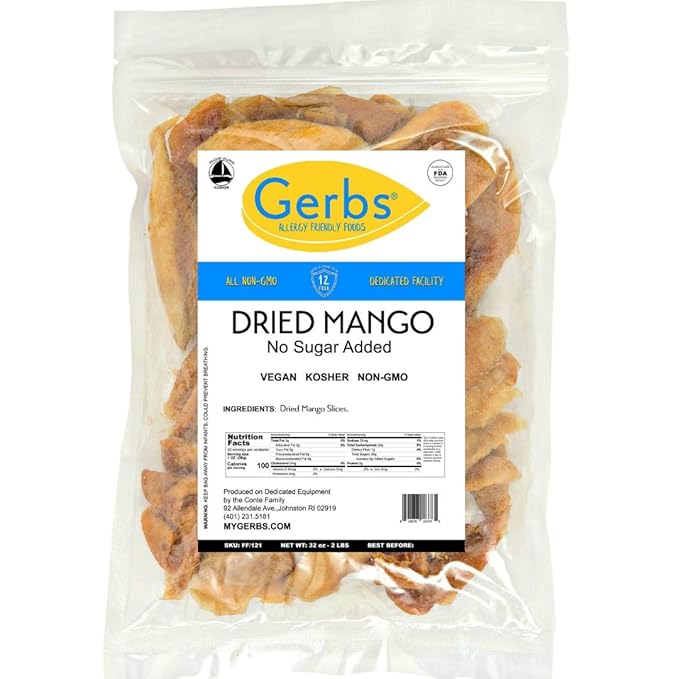Gerbs Dried Mango Slices Unsweetened 2 lbs. | Dehydrated, Unsulfured, Resealable Bag | Naturally Sweet & Chewy | Top 14 Allergen-Free