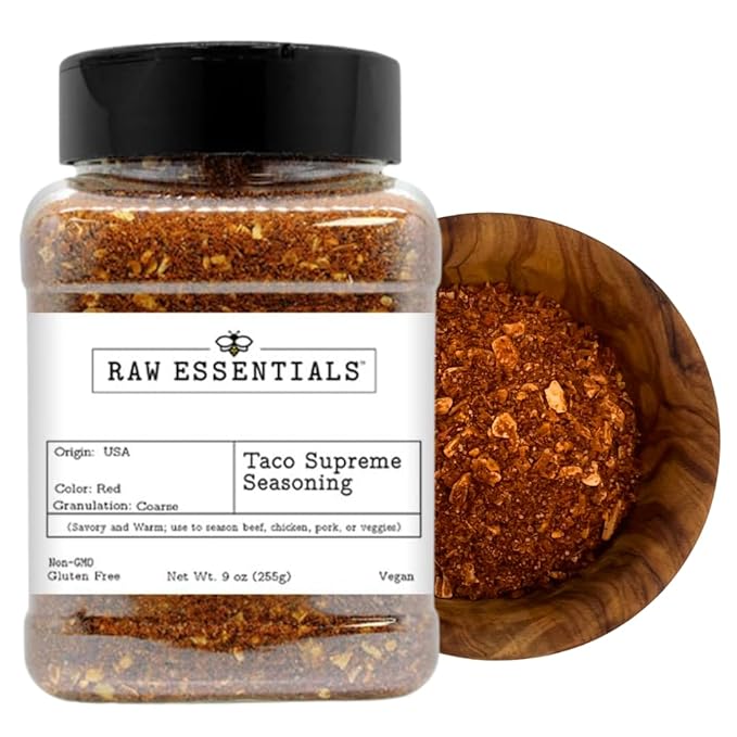 Raw Essentials Taco Supreme Seasoning - Bold, Zesty and Savory Flavor - Use to Season Beef, Chicken, Pork or Veggies - Great for Mexican Dishes - Large 9 Ounce Bottle