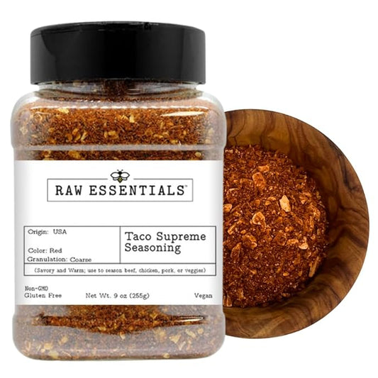 Raw Essentials Taco Supreme Seasoning - Bold, Zesty and Savory Flavor - Use to Season Beef, Chicken, Pork or Veggies - Great for Mexican Dishes - Large 9 Ounce Bottle