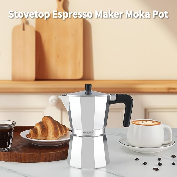 Mongdio Stovetop Espresso Maker Moka Pot, Stove Top Cuban Coffee Maker, Italian Greca Mocha Pot, 6 Espresso Cups, 10 oz - Silver