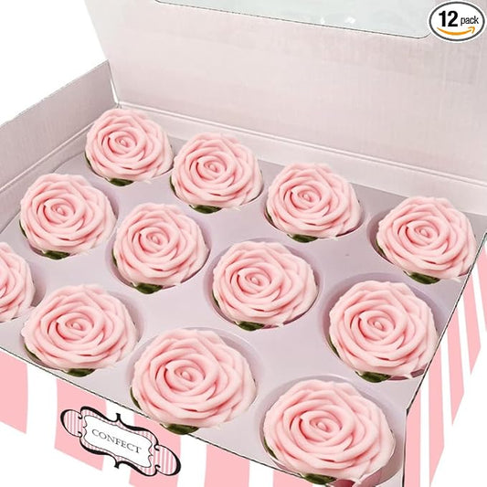 Confect Edible Rose Topper -Edible Blush Pink Rose Cupcake Toppers for Cake & Doughnut Decoration- Vegan, Gluten-Free - Pack of 12