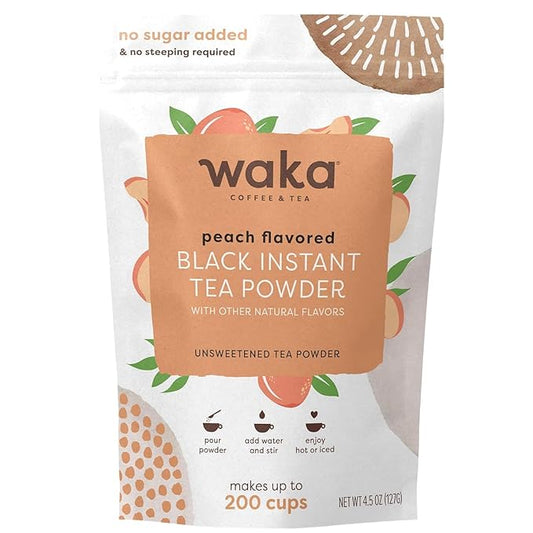 Waka Instant Black Tea Mix, Peach Flavored - 100% Tea Leaves, No Additives, Unsweetened Tea Powder for 50 Quarts or 200 Cups ??Easy and Quick Hot or Iced Teas (4.5oz)
