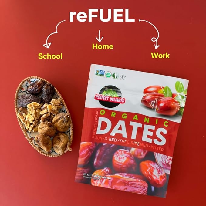 Perfect Delights Organic Dates, Vegan, Sun-Dried Pitted Dates, Healthy Fruit Snack for Kids and Adults - Single Pack(16 oz)