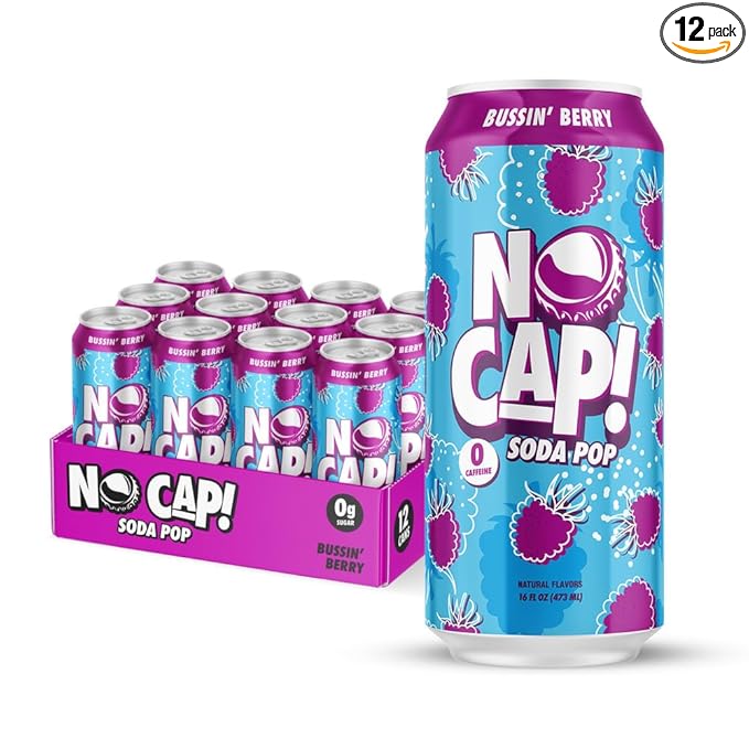 No Cap! Healthy Soda Pop Drinks, Zero Sugar, Zero Calorie, Natural Flavors, Caffeine Free, 16 Oz Cans, (12 Pack) Bussin' Berry