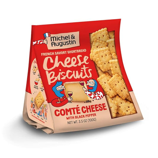 Michel et Augustin Gourmet Crackers, Comté Cheese Biscuits with Black Pepper, Savory Party Crackers, French Snacks, 3.5 oz. Bags