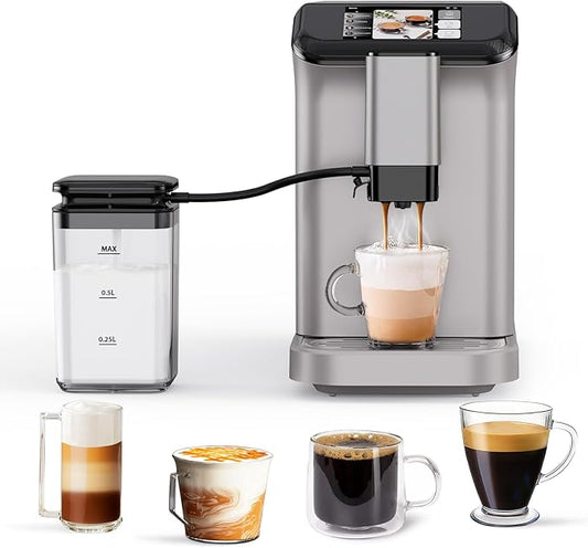 Super Automatic Espresso Machine 20 Bar with Grinder, One Touch Recipes & Automatic Milk Frother, 1350W Compact Bean to Cup Coffee Maker with TFT Touchscreen for Home Barista, Silver & Black