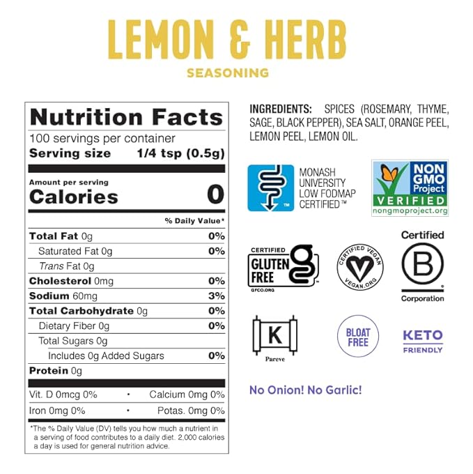 Fody Foods Lemon Herb Seasoning, 1.8 Oz, Garlic and Onion Free, Low FODMAP Certified, Gut & IBS Friendly, Vegan, Non-GMO, Gluten Free, Keto Friendly