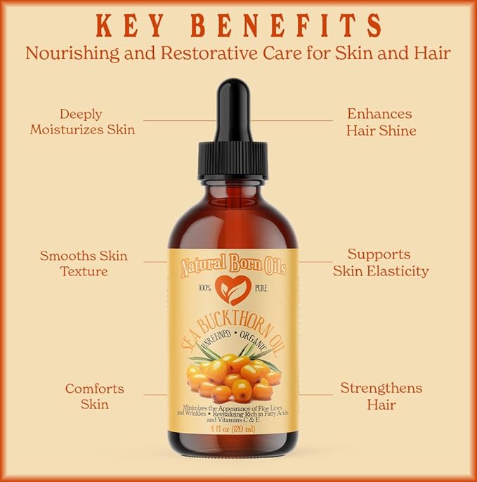Natural Born Oils Sea Buckthorn Oil, 8oz, Organic, Cold-Pressed, Rich in Fatty Acids, Ideal for Moisturizing Skin, Strengthening Hair