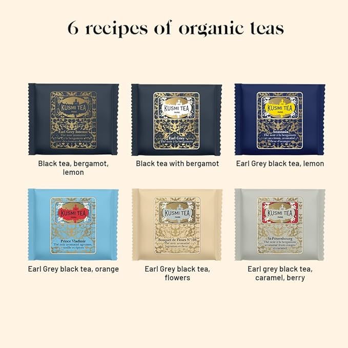 Kusmi Tea - Organic Black Tea Variety Box - Gift Idea for Men and Women - Earl Grey Tea - A Selection of 6 Iconic Flavors - 24 Tea Bags - Caffeinated Tea