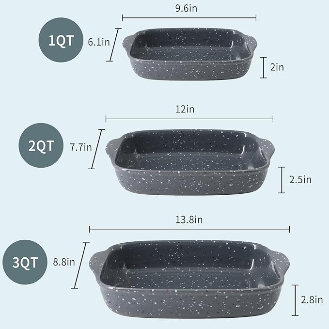 Ceramic Bakeware Dish Set of 3, Rectangular Baking Casserole for Oven,High Heat Resistant,Lasagna Pan Deep with Handles,Handcraft Speckle Series (13.8''/12''/9.6''Grey)
