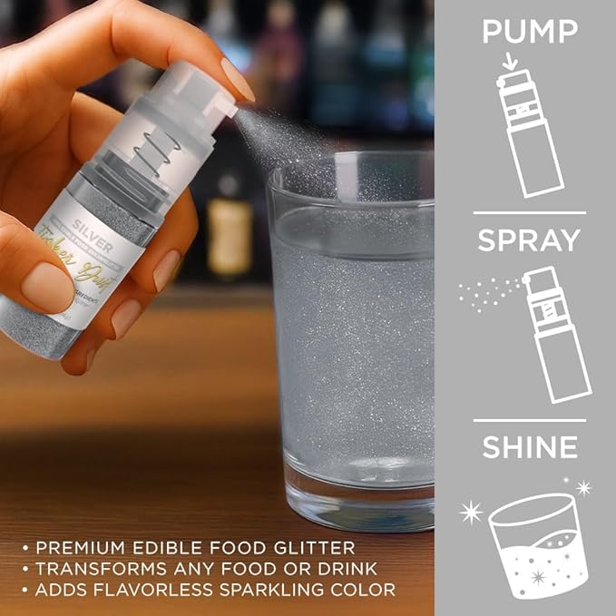 Bakell - Silver Tinker Dust (4g, 1x Mini Spray Pump) Edible Glitter for Food, Desserts, and Beverages!