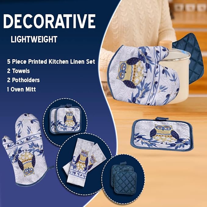 Lobyn Value Packs: Whimsical Blue Owl 5 Piece Kitchen Towel Set, includes 2 Decorative Dish Towels, 1 Oven Mitt & 2 Potholders for Enchanting Style