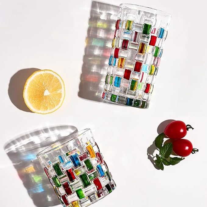 4 Pcs Christmas Colorful Glass Cups，Drinking Glassware Cocktail Glasses for Iced Coffee Juice Tea Beverage Milk Wine
