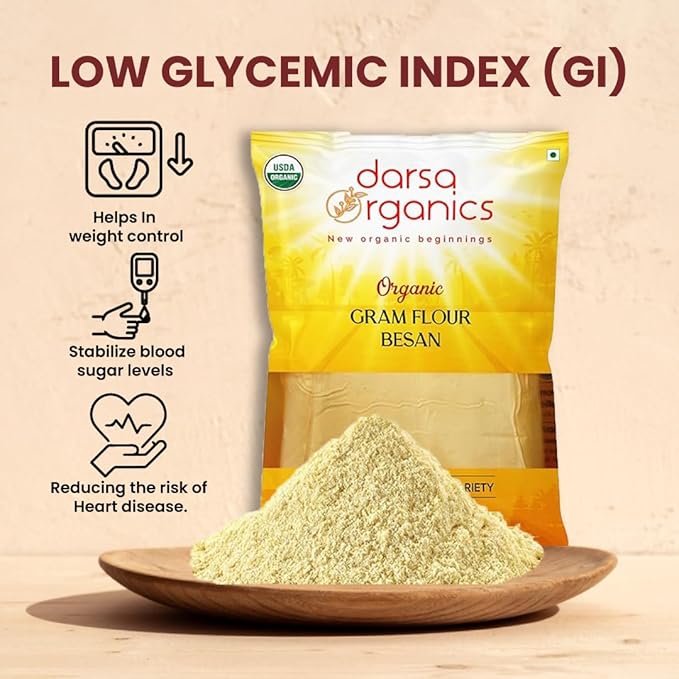 Darsa Organics Gram Flour - 2 lb Besan, Premium Grade USDA Organic Certified Chickpea Flour for Baking, Cooking & Skin Care, Chemical Free, Non-GMO, Vegan, Kosher, Ideal for Gluten Free Diets & Face Masks