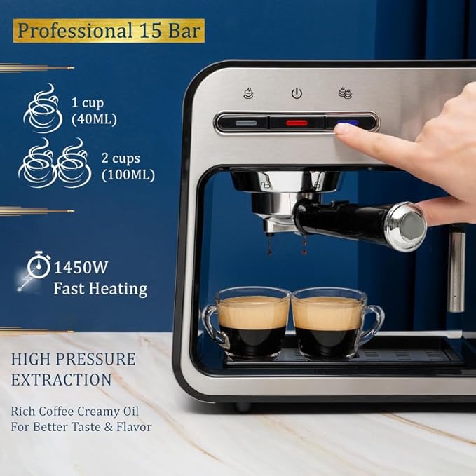 Mixpresso Professional Espresso Machine for Home 15 Bar with Milk Frother Steam Wand, Espresso Maker with Double-Cup Splitter, 1450w Fast Heating Cappuccino & Latte machine 37Oz Water Tank