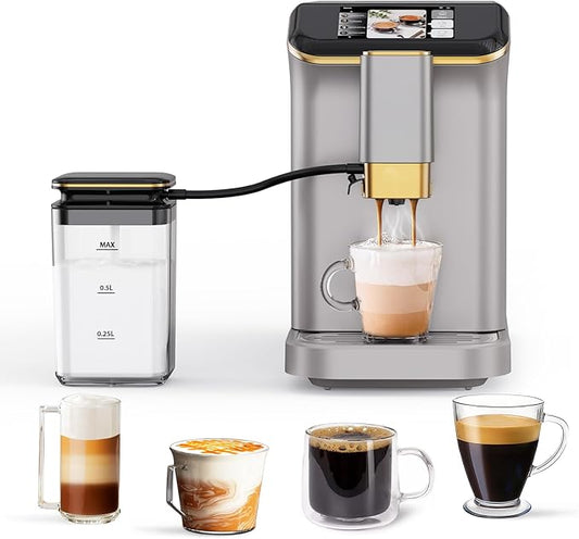 Super Automatic Espresso Machine 20 Bar with Grinder, One Touch Recipes & Automatic Milk Frother, 1350W Compact Bean to Cup Coffee Maker with TFT Touchscreen for Home Barista, Silver & Gold