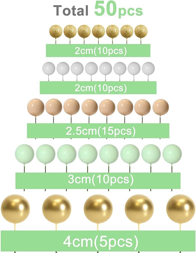 ASTARON 50 Pcs Ball Cake Topper Sticks Mini Balloons for Cake Decorating Supplies Foam Balls Cake decorations for Baby Shower Cake Birthday Cake Toppers Decorations (Light Brown竊똆reen)