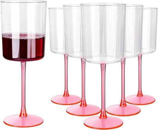 Ciaell 12 Pack 10 Oz Clear Plastic Wine Glasses with Pink Stem - Disposable Cocktail Goblets Perfect for Parties & Weddings & Poolside & Outdoors & Camping & Party