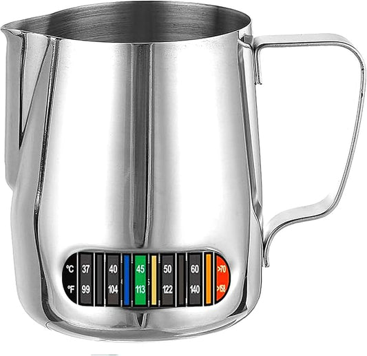 Milk Frothing Pitcher Stainless Steel with Thermometer Fahrenheit Temperature Integrated for Coffee, Cappuccino,Espresso,Latte Art(600ml/20oz)
