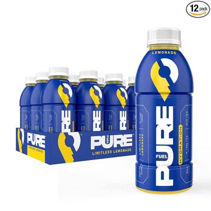 Pure Fuel Hydration Drinks Limitless Lemonade - Plant-Based Healthy Electrolyte Drinks with B-Vitamins - No Added Sugar - 12 Pack x 16.9 fl oz Bottles