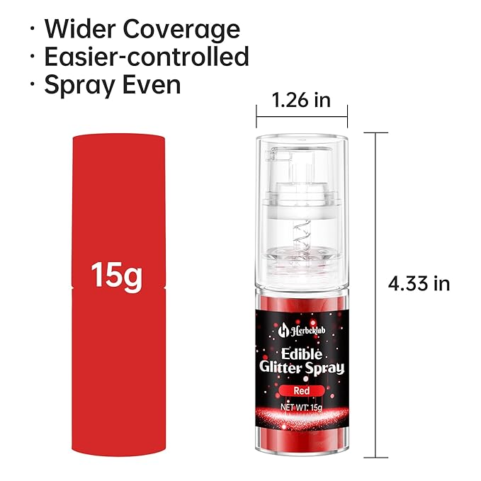 Red Edible Glitter Spray - Herbeklab 15g Edible Glitter for Cakes, Food Grade Metallic Shimmer Powder, Edible Red Spray for Cookie Decorating, Chocolate, Strawberries