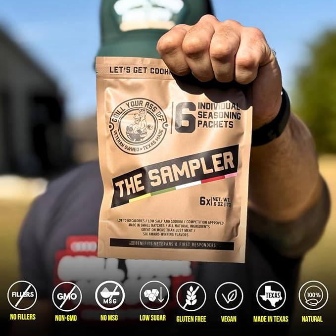 Grill Your As* Off Sample Pack Spices and Seasonings - (6 Pack) BBQ & Grill Seasoning for Beef, Steak, Burgers, Pork & Chicken - MSG & Gluten Free BBQ Rub & Steak Seasoning - USA Made & Veteran Owned