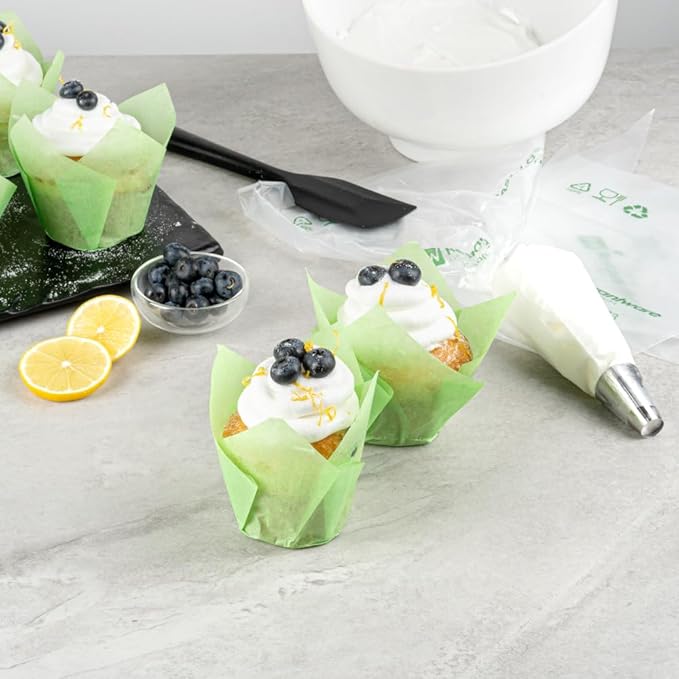 Restaurantware Panificio Premium 4 oz Green Paper Tulip Baking Cup: Paper Baking Cups Perfect for Muffins Cupcakes or Mini Snacks - Greaseproof - Disposable and Recyclable - 200ct Box