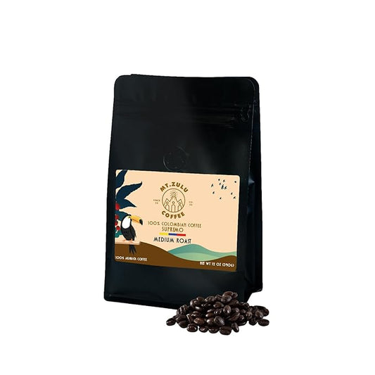 Mt Zulu Colombian Supremo ??Small Batch Artisanal Roast, Smooth & Balanced, Sun-Dried Microlot Gourmet Coffee Beans, 12 oz Bag