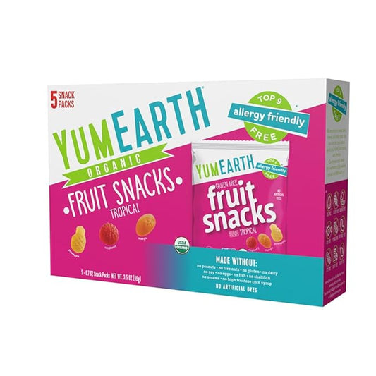 YumEarth Organic Assorted Tropical Flavor Fruit Snacks - Allergy Friendly (Top 9 Free), No Artificial Dyes or Flavors, Non GMO, Gluten Free, Vegan Candy Snacks - 0.7 Ounce (Pack of 5)