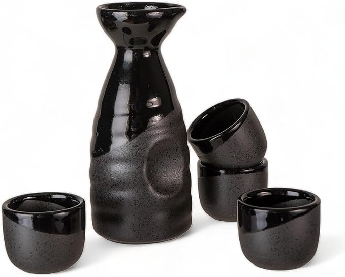 Urban Tokyo Japanese Sake 5 Piece Set Include 1 Sake Bottle and 4 Cups for Hot or Cold Sake Home or Restaurant Use Reactive Glazed Ceramic (Black Matte Gloss)